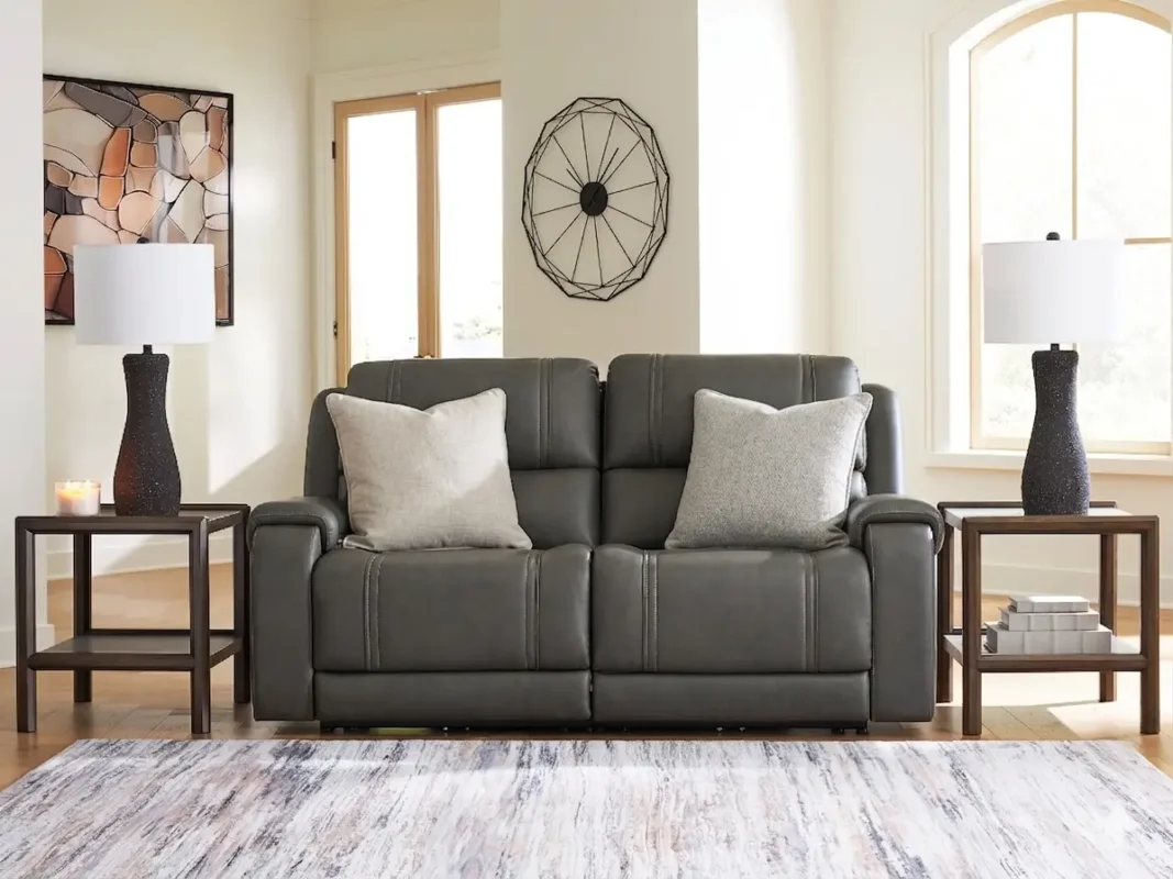 5Z Harrenhurst 2 piece leather dual power reclining modular loveseat with modern design and plush seating