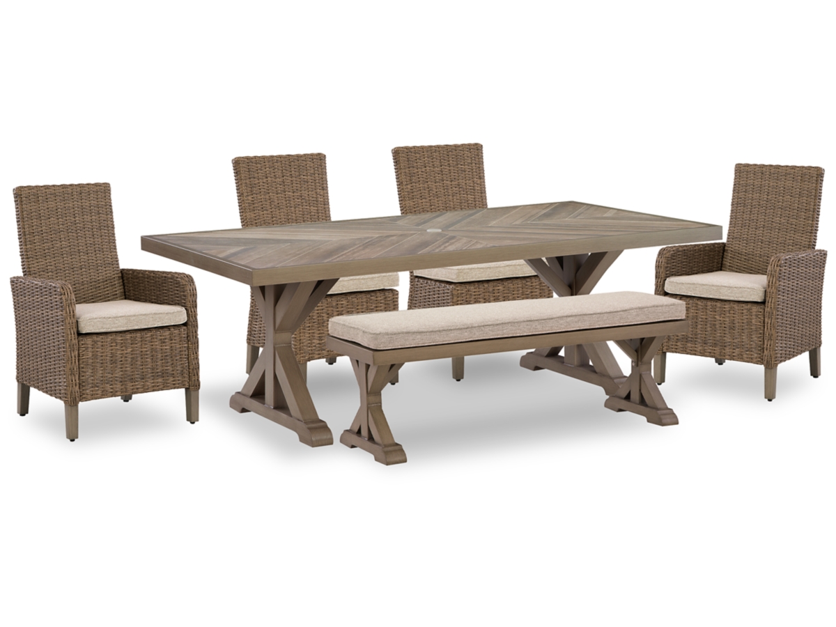 P790-625-601(2)-601A(2)-600-SW-P1-KO Revare Beach Outdoor Dining Table and 4 Chairs and Bench - Image 1