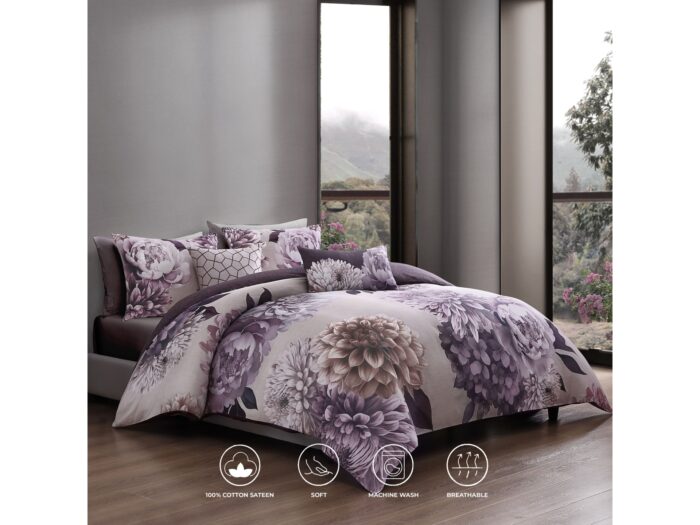 Bebejan Plum Petal 100% Cotton Sateen 5 Piece Reversible Comforter Set - Image 3