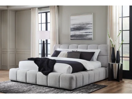 Jesstean King Next-Gen Nuvella Performance Fabric Bed modern upholstered king bed in grey fabric stylish bedroom setup