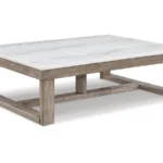 Loyaska Coffee Table with white marble top and wooden base modern rectangular center table