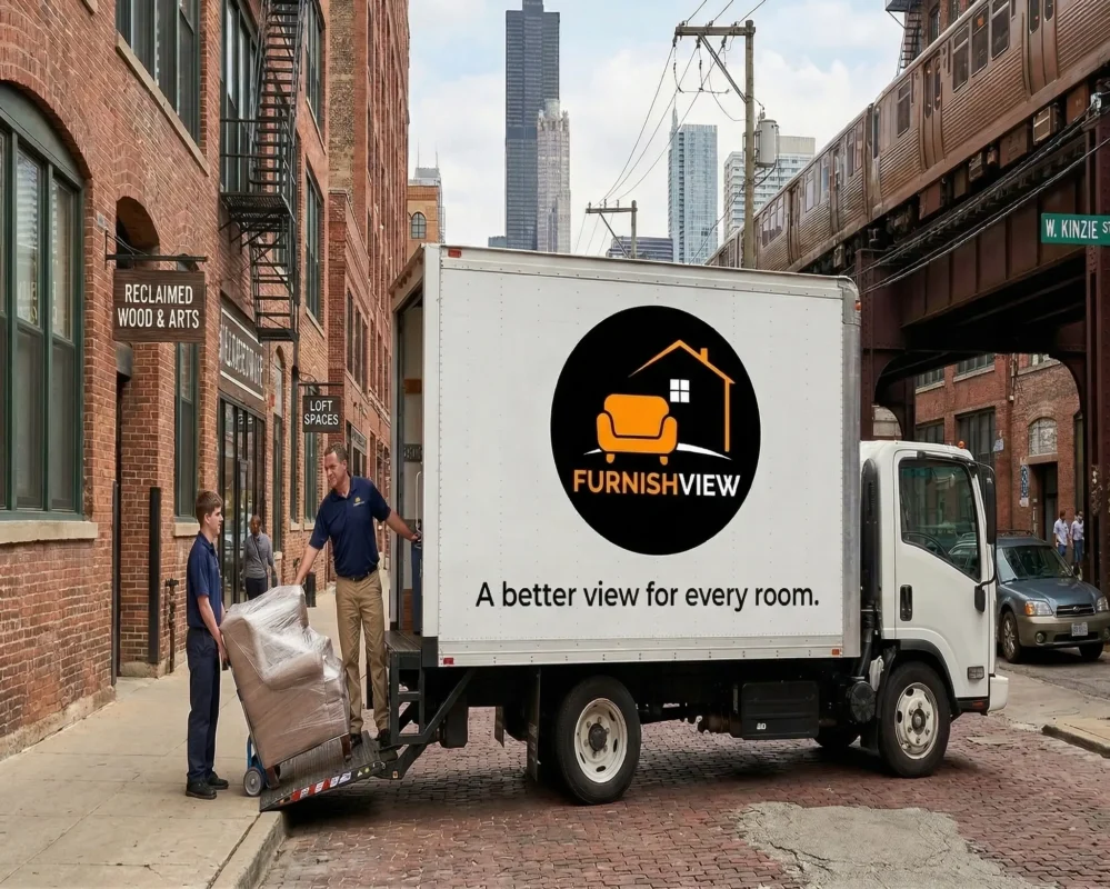 FurnishView delivery truck providing furniture delivery to Gold Coast and Lincoln Park Chicago.