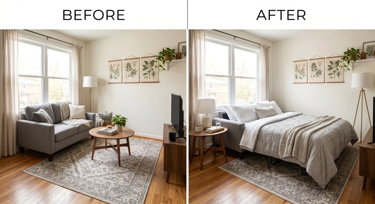 Before and after room transformation showing living room converted into bedroom using virtual staging with sofa replaced by bed and modern decor