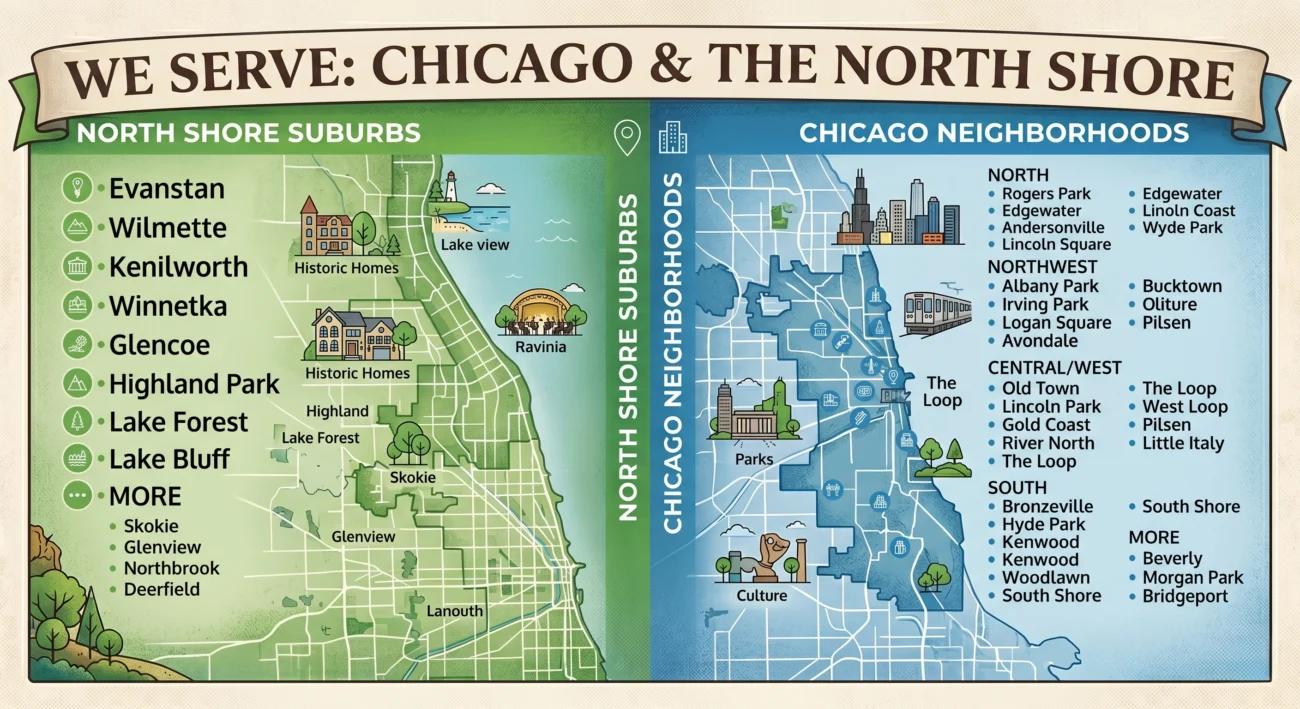 Map showing Chicago neighborhoods and North Shore suburbs including Evanston, Wilmette, Winnetka, Lincoln Park, West Loop, and South Shore service areas