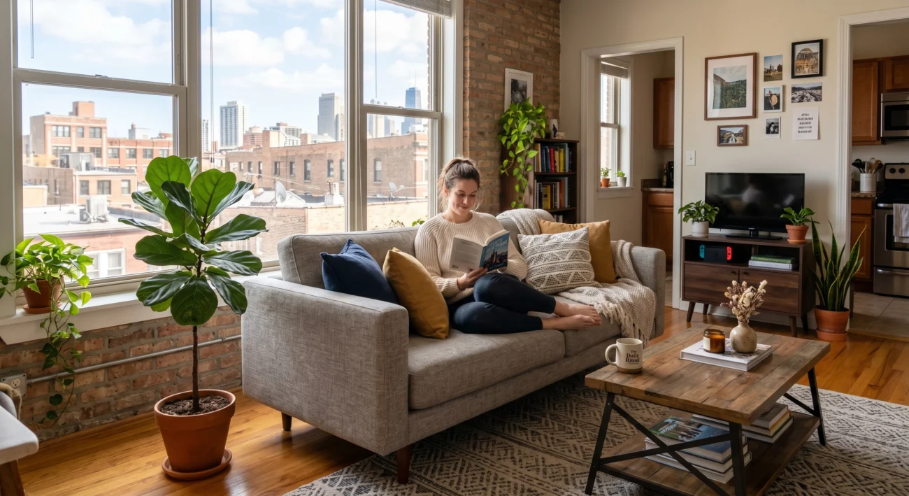 Modern Chicago apartment living room with large windows, neutral sofa, wooden coffee table, indoor plants, and a woman reading on the couch with city skyline view