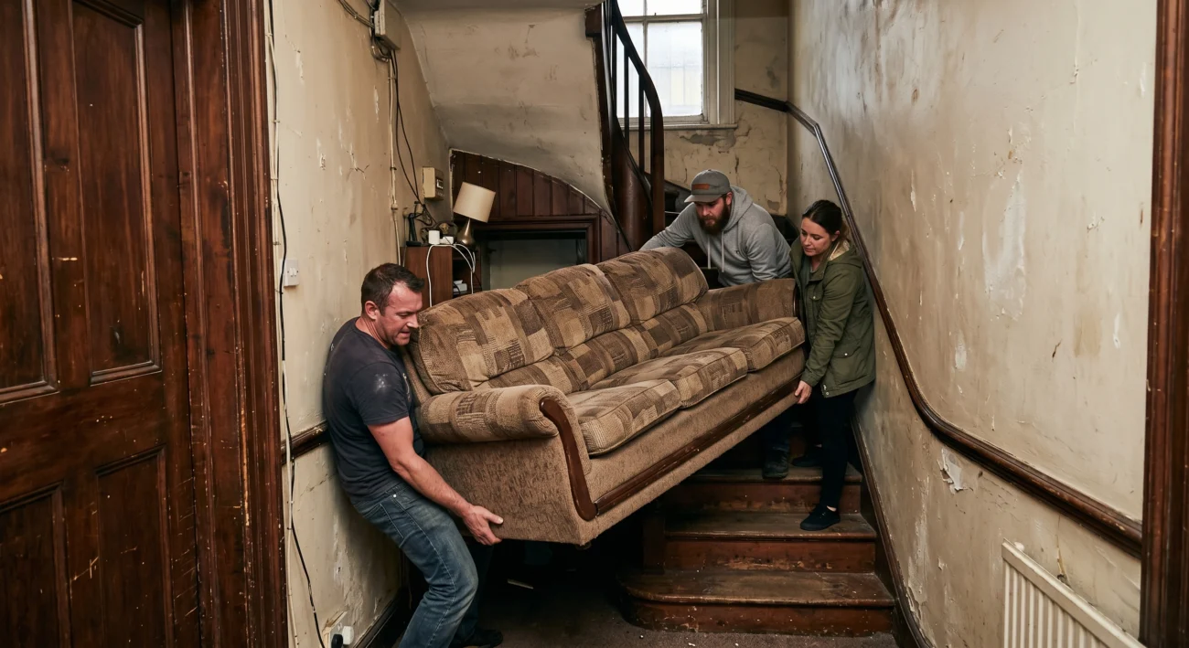 People carrying a large sofa up a narrow staircase in an apartment building, highlighting challenges of moving furniture in tight spaces